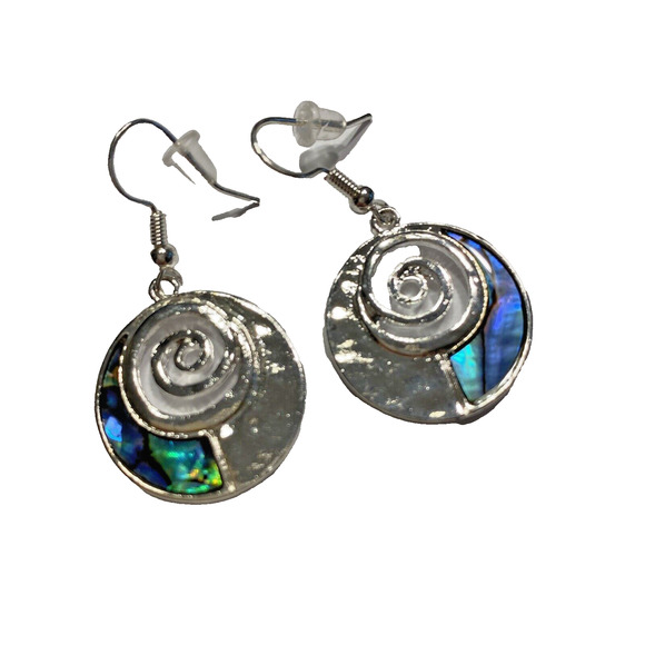Beachy Pierced Earrings Drop & Dangle Wires Silver & Green Blue Abalone Shell - Picture 1 of 6